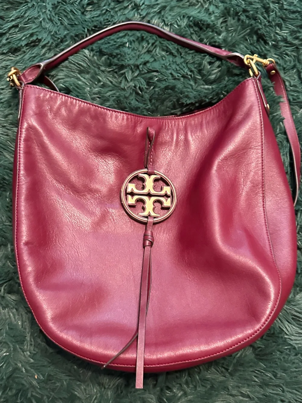 Tory Burch Miller Leather Hobo Bag Port Burgundy Gold Tassel